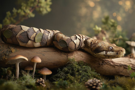 A detailed woodland snake formed from layered leaves, petals, and moss, resting among mushrooms and forest textures in a warm, natural setting.の素材