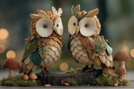 Nature-inspired owls made from petals, bark, and moss, set in a glowing forest scene filled with organic textures and soft woodland charm.の素材