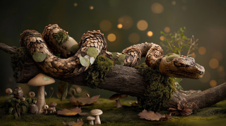 A detailed woodland snake formed from layered leaves, petals, and moss, resting among mushrooms and forest textures in a warm, natural setting.の素材