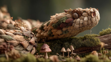 A detailed woodland snake formed from layered leaves, petals, and moss, resting among mushrooms and forest textures in a warm, natural setting.の素材