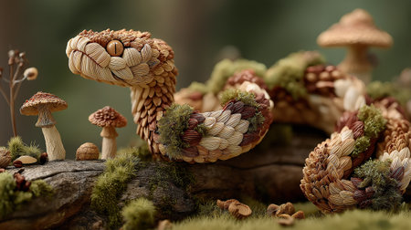A detailed woodland snake formed from layered leaves, petals, and moss, resting among mushrooms and forest textures in a warm, natural setting.の素材