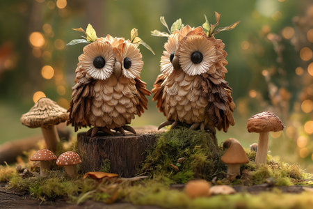 Nature-inspired owls made from petals, bark, and moss, set in a glowing forest scene filled with organic textures and soft woodland charm.の素材
