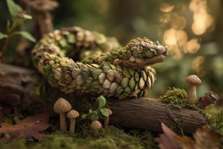 A nature-crafted snake composed of layered botanical textures and moss, winding across a forest log surrounded by mushrooms and earthy details.の素材