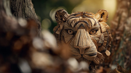 A handcrafted tiger artwork made from natural materials such as wood fibers and plant strands is shown resting on a forest log under warm evening lightの素材