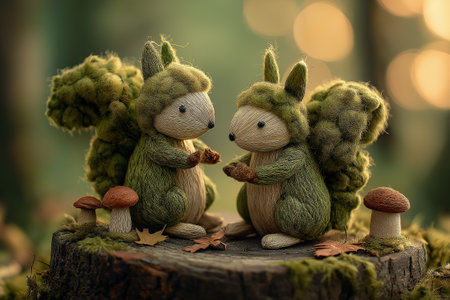 Charming woodland squirrels made from natural fibers, pinecones, and soft forest textures, holding acorns atop a mossy log in a warm, magical setting.の素材