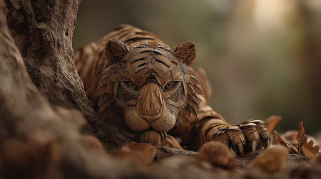 A handcrafted tiger artwork made from natural materials such as wood fibers and plant strands is shown resting on a forest log under warm evening lightの素材