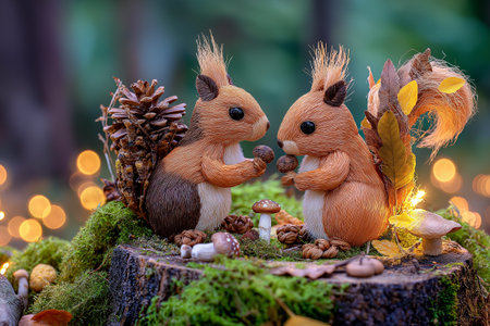 Charming woodland squirrels made from natural fibers, pinecones, and soft forest textures, holding acorns atop a mossy log in a warm, magical setting.の素材