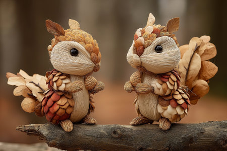 Charming woodland squirrels made from natural fibers, pinecones, and soft forest textures, holding acorns atop a mossy log in a warm, magical setting.の素材