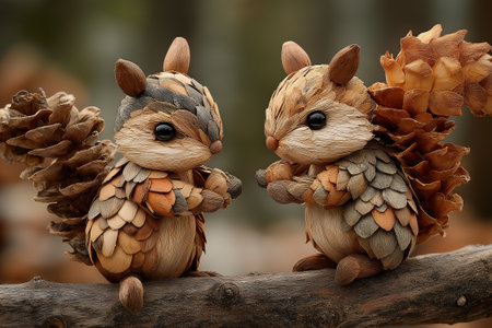 Charming woodland squirrels made from natural fibers, pinecones, and soft forest textures, holding acorns atop a mossy log in a warm, magical setting.の素材