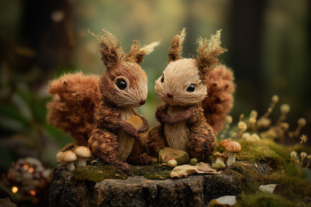 Charming woodland squirrels made from natural fibers, pinecones, and soft forest textures, holding acorns atop a mossy log in a warm, magical setting.の素材