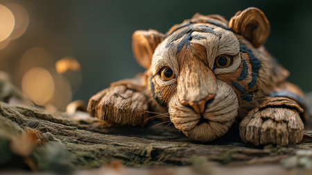 A handcrafted tiger artwork made from natural materials such as wood fibers and plant strands is shown resting on a forest log under warm evening lightの素材