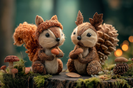 Charming woodland squirrels made from natural fibers, pinecones, and soft forest textures, holding acorns atop a mossy log in a warm, magical setting.の素材