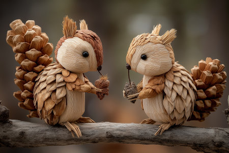 Charming woodland squirrels made from natural fibers, pinecones, and soft forest textures, holding acorns atop a mossy log in a warm, magical setting.の素材