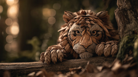 A handcrafted tiger artwork made from natural materials such as wood fibers and plant strands is shown resting on a forest log under warm evening lightの素材