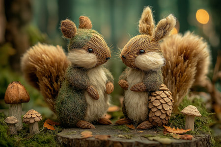 Charming woodland squirrels made from natural fibers, pinecones, and soft forest textures, holding acorns atop a mossy log in a warm, magical setting.の素材