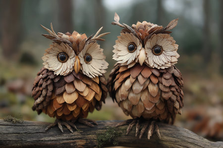 A set of owl figures crafted from natural elements such as wood scales, fibers, and moss is displayed in a charming forest environmentの素材