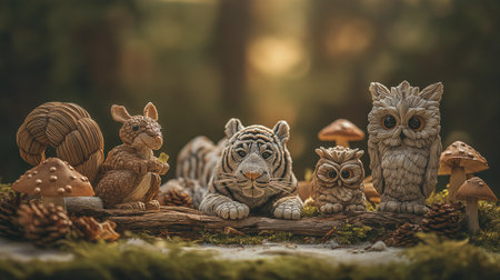 Tiger, mushroom, owl and owl made of wood on mossの素材