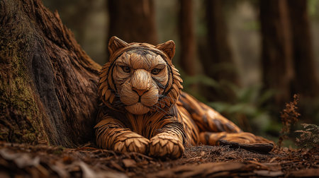 A handcrafted tiger artwork made from natural materials such as wood fibers and plant strands is shown resting on a forest log under warm evening lightの素材