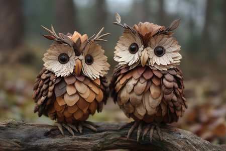 A set of owl figures crafted from natural elements such as wood scales, fibers, and moss is displayed in a charming forest environmentの素材