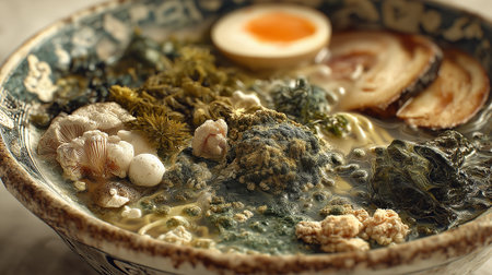 A hyper-realistic close-up of a traditional Japanese ramen bowl that has severely spoiled, showing thick patches of green and black mold spreading across the broth, vegetablesの素材