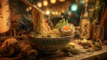 A hyper-realistic close-up of a traditional Japanese ramen bowl that has severely spoiled, showing thick patches of green and black mold spreading across the broth, vegetablesの素材