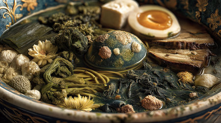 A hyper-realistic close-up of a traditional Japanese ramen bowl that has severely spoiled, showing thick patches of green and black mold spreading across the broth, vegetablesの素材