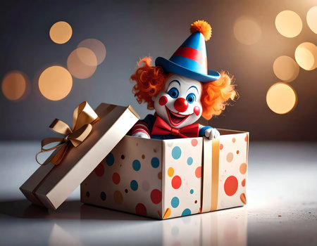 High-quality creative still life image of a cute handmade-style clown doll emerging from an open gift box. The box is decorated with a soft ribbonの素材