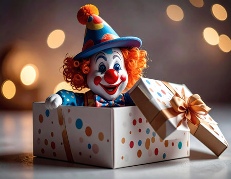 High-quality creative still life image of a cute handmade-style clown doll emerging from an open gift box. The box is decorated with a soft ribbonの素材