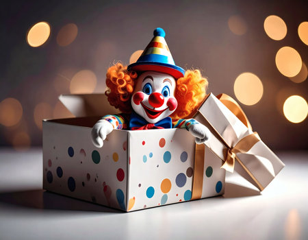 High-quality creative still life image of a cute handmade-style clown doll emerging from an open gift box. The box is decorated with a soft ribbonの素材