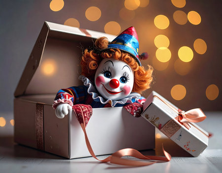 High-quality creative still life image of a cute handmade-style clown doll emerging from an open gift box. The box is decorated with a soft ribbonの素材