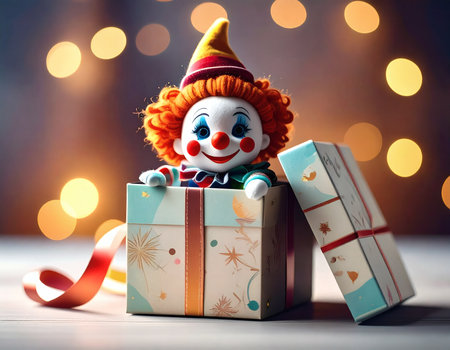 High-quality creative still life image of a cute handmade-style clown doll emerging from an open gift box. The box is decorated with a soft ribbonの素材