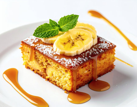 A delicious slice of moist banana cake topped with fresh banana slices, mint leaves, and rich caramel sauceの素材