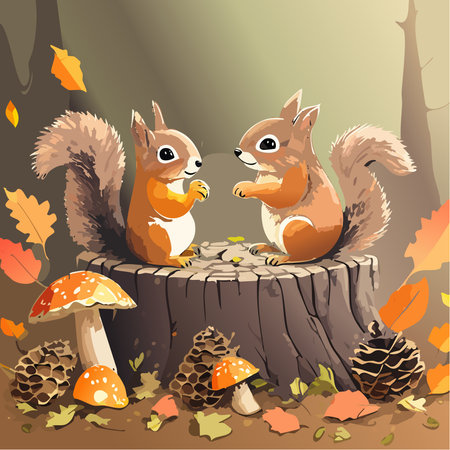 Charming illustration of two owls sitting together on a tree stump in a quiet autumn forest. Warm earthy colors, soft shapes, and a cozy nature-inspired style.のイラスト素材