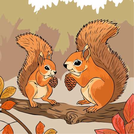 Charming illustration of two owls sitting together on a tree stump in a quiet autumn forest. Warm earthy colors, soft shapes, and a cozy nature-inspired style.のイラスト素材