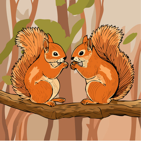 Charming illustration of two owls sitting together on a tree stump in a quiet autumn forest. Warm earthy colors, soft shapes, and a cozy nature-inspired style.のイラスト素材