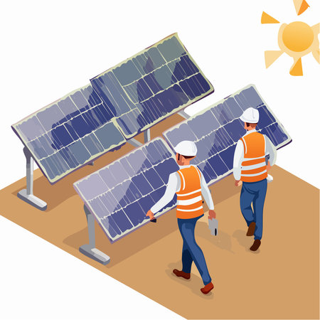 Vector illustration of a professional solar energy engineer wearing safety equipment while inspecting photovoltaic panels during sunset.のイラスト素材