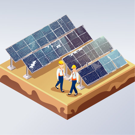 Vector illustration of a professional solar energy engineer wearing safety equipment while inspecting photovoltaic panels during sunset.のイラスト素材