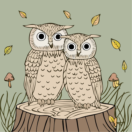 Charming illustration of two owls sitting together on a tree stump in a quiet autumn forest. Warm earthy colors, soft shapes, and a cozy nature-inspired styleのイラスト素材