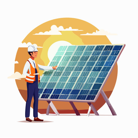 Vector illustration of a professional solar energy engineer wearing safety equipment while inspecting photovoltaic panels during sunset.のイラスト素材
