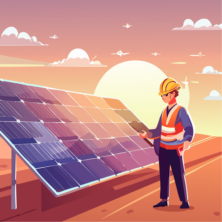 Vector illustration of a professional solar energy engineer wearing safety equipment while inspecting photovoltaic panels during sunset.のイラスト素材