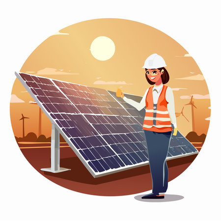 Vector illustration of a professional solar energy engineer wearing safety equipment while inspecting photovoltaic panels during sunset.のイラスト素材