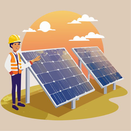 Vector illustration of a professional solar energy engineer wearing safety equipment while inspecting photovoltaic panels during sunset.のイラスト素材