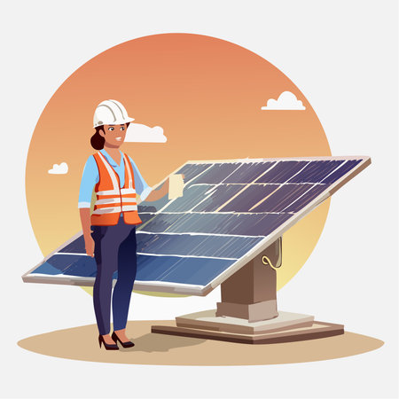 Vector illustration of a professional solar energy engineer wearing safety equipment while inspecting photovoltaic panels during sunset.のイラスト素材