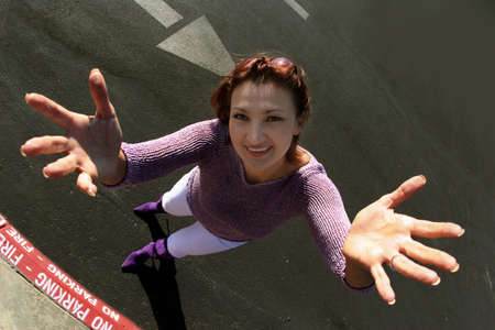 Woman with exaggerated handsの写真素材