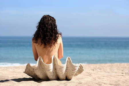 Girl in sea shell on the beachの写真素材
