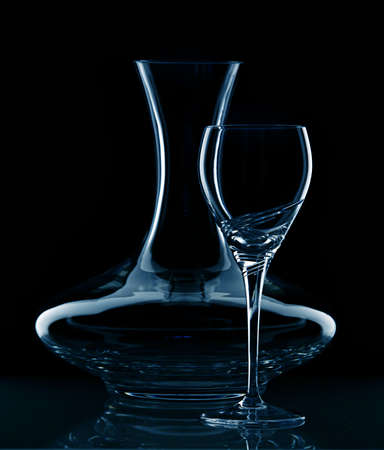 Still life in blue with carafe and wine glassの写真素材