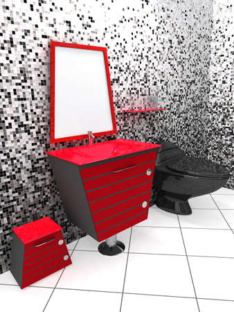 3D rendering of a modern bathroom in black, white and redの写真素材