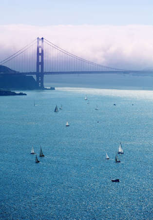 View of a Golden Gate bridge and boats in the bayの写真素材