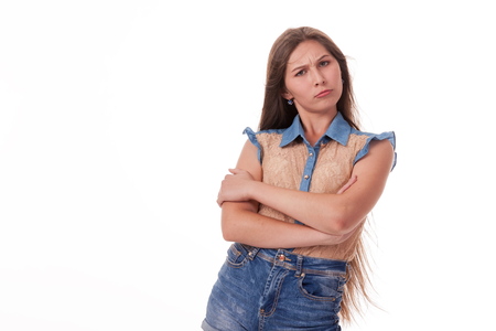 Beautiful girl dancing in the camera, posing against white background. Different poses and emotions. Standing, moving, smiling. playful dances, choreography. Brunette with long hair, slender, cheerful and charismaticの写真素材