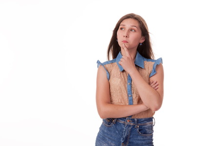 Beautiful girl dancing in the camera, posing against white background. Different poses and emotions. Standing, moving, smiling. playful dances, choreography. Brunette with long hair, slender, cheerful and charismaticの写真素材